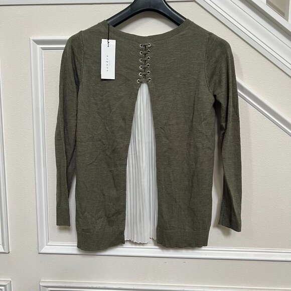 Sandro Paris Sweater Linen Blend Pleated Long Sleeve Stretch Woman Green - Picture 1 of 8